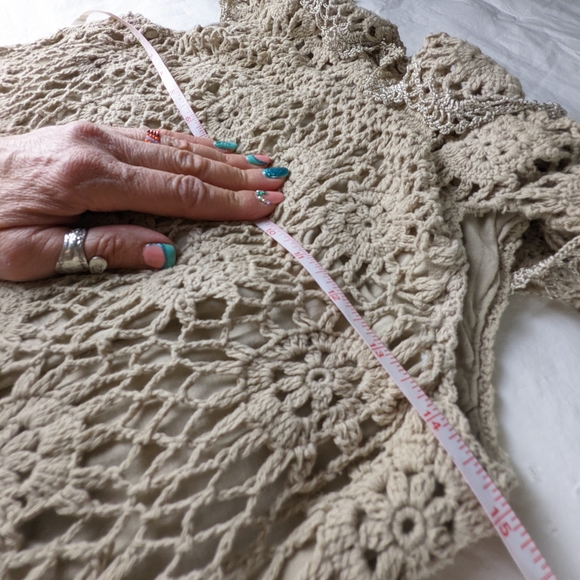 Boston Proper EUC crochet cold shoulder ruffles dress metallic small taupe brown - Picture 13 of 16